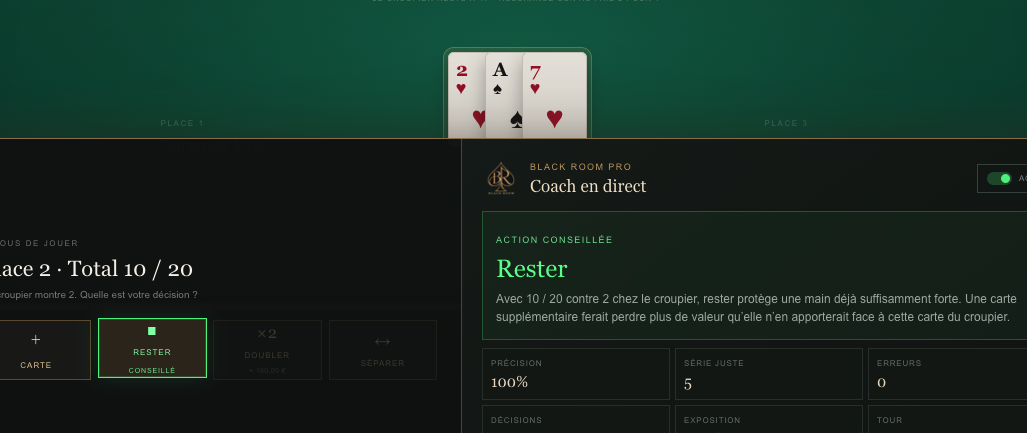 Aperçu du coach Black Room pendant une main de blackjack